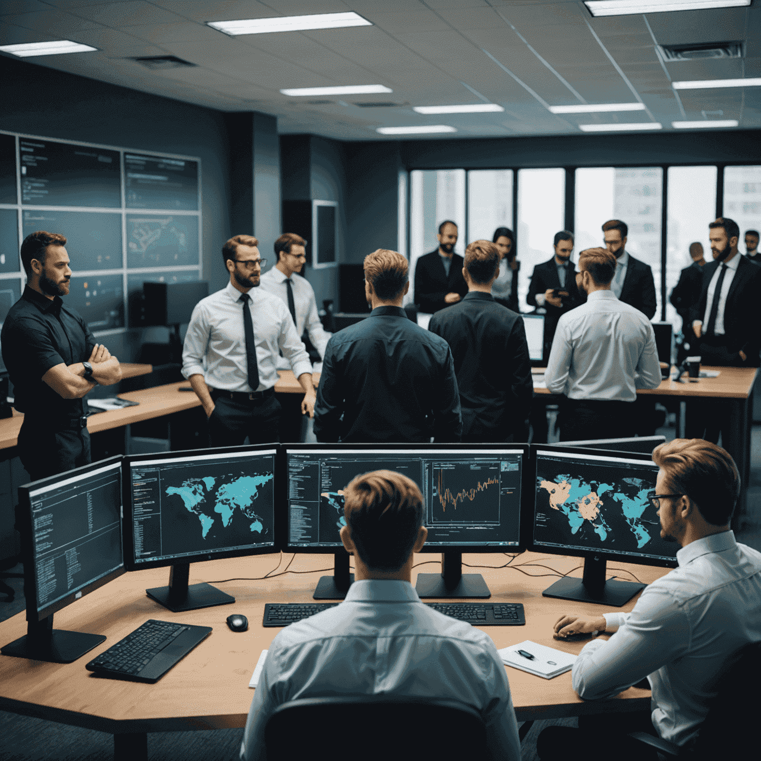 A team of cybersecurity professionals working together in a modern office setting, analyzing data on computer screens and discussing strategies to protect digital assets.