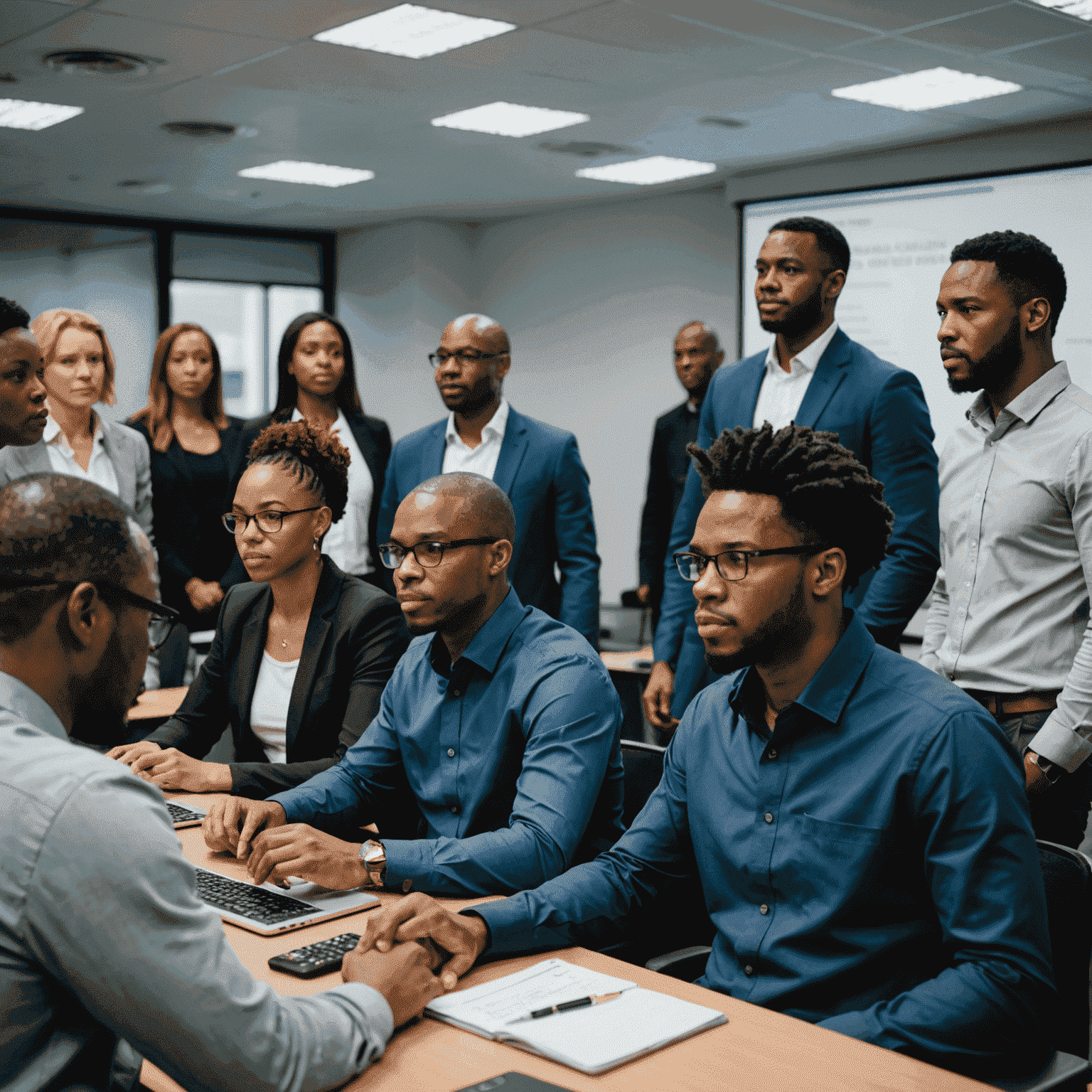 A group of diverse South African employees attending a cybersecurity awareness training session, learning about various cyber threats and best practices to maintain a secure work environment.