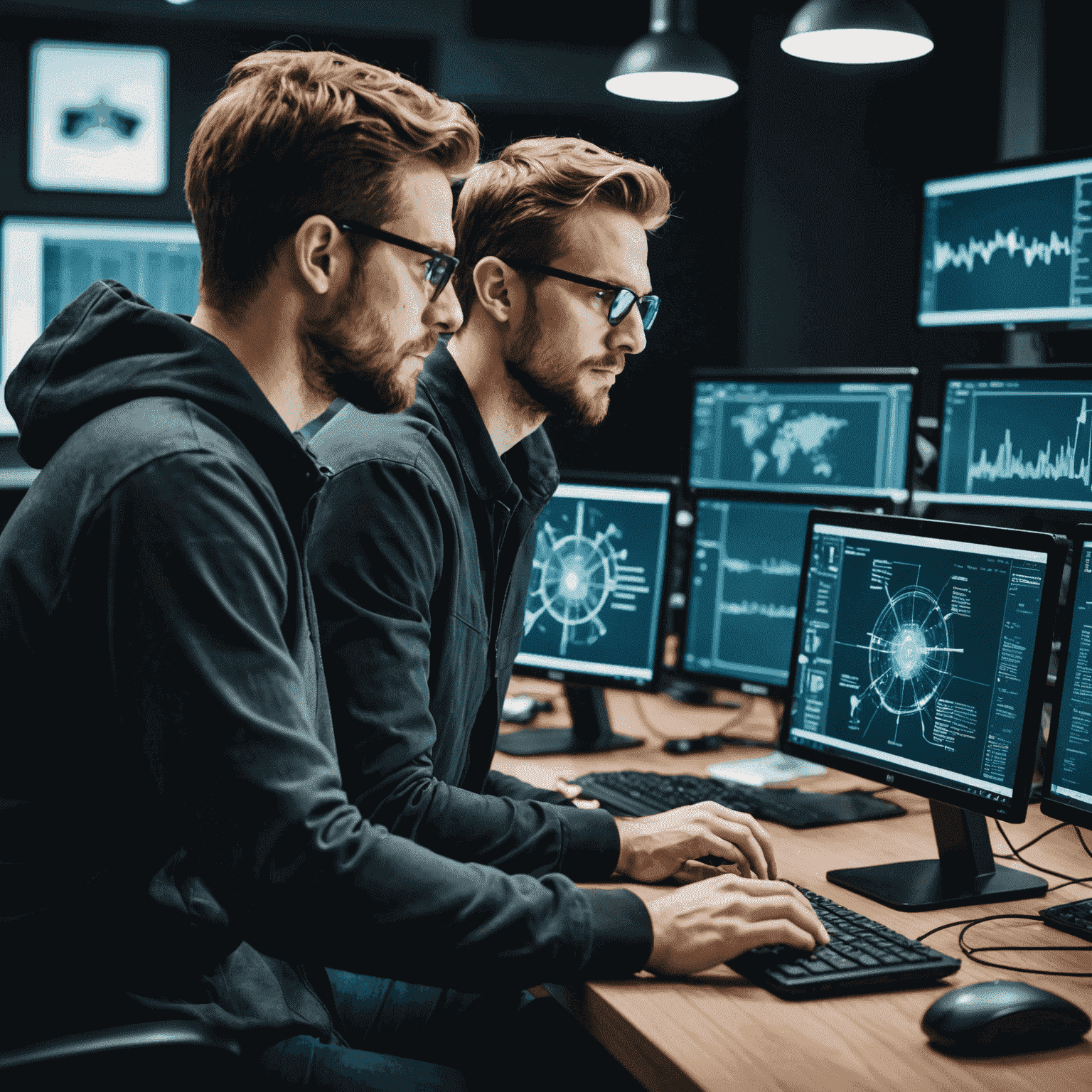 Penetration testing team analyzing network vulnerabilities on computer screens