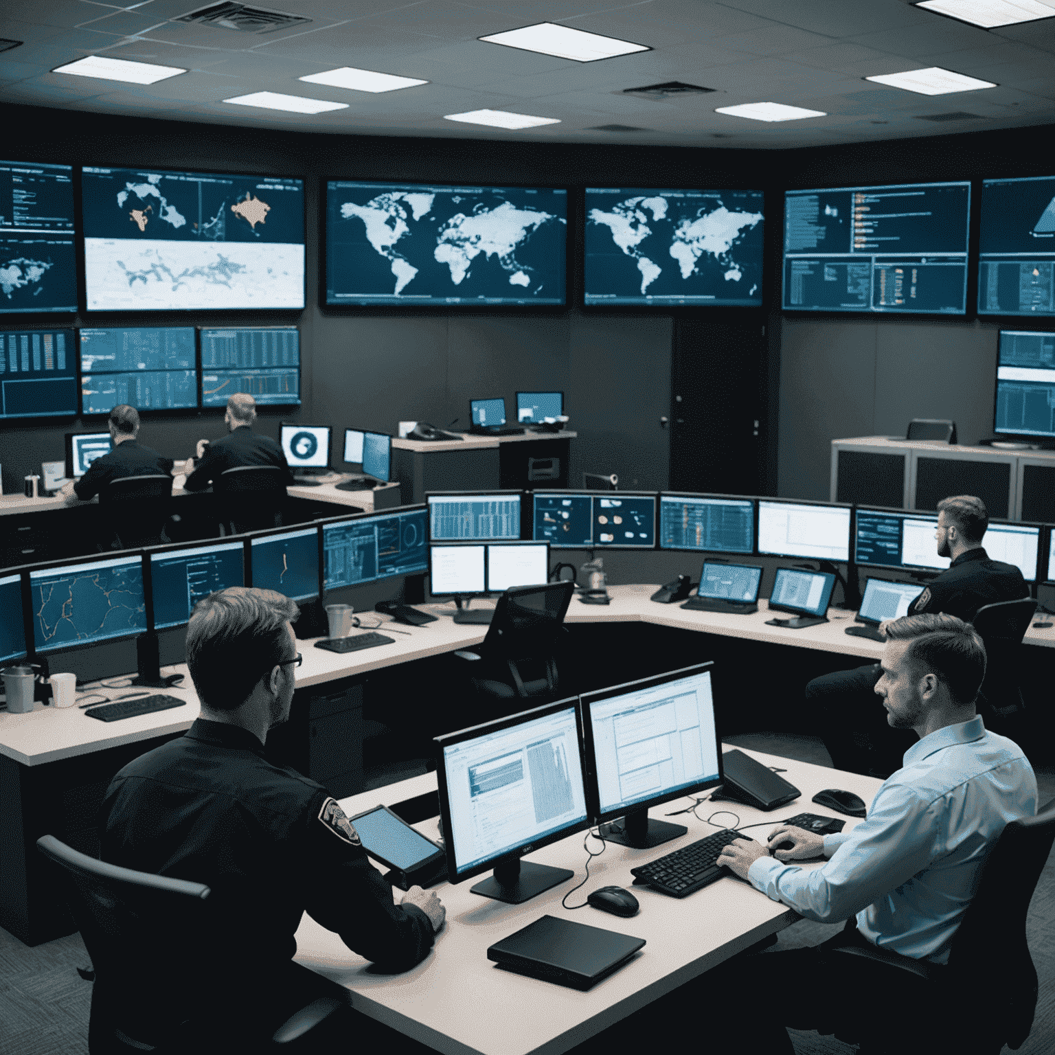 Incident response team working together in a security operations center to contain a cyber attack. Multiple monitors display threat alerts and forensic data.