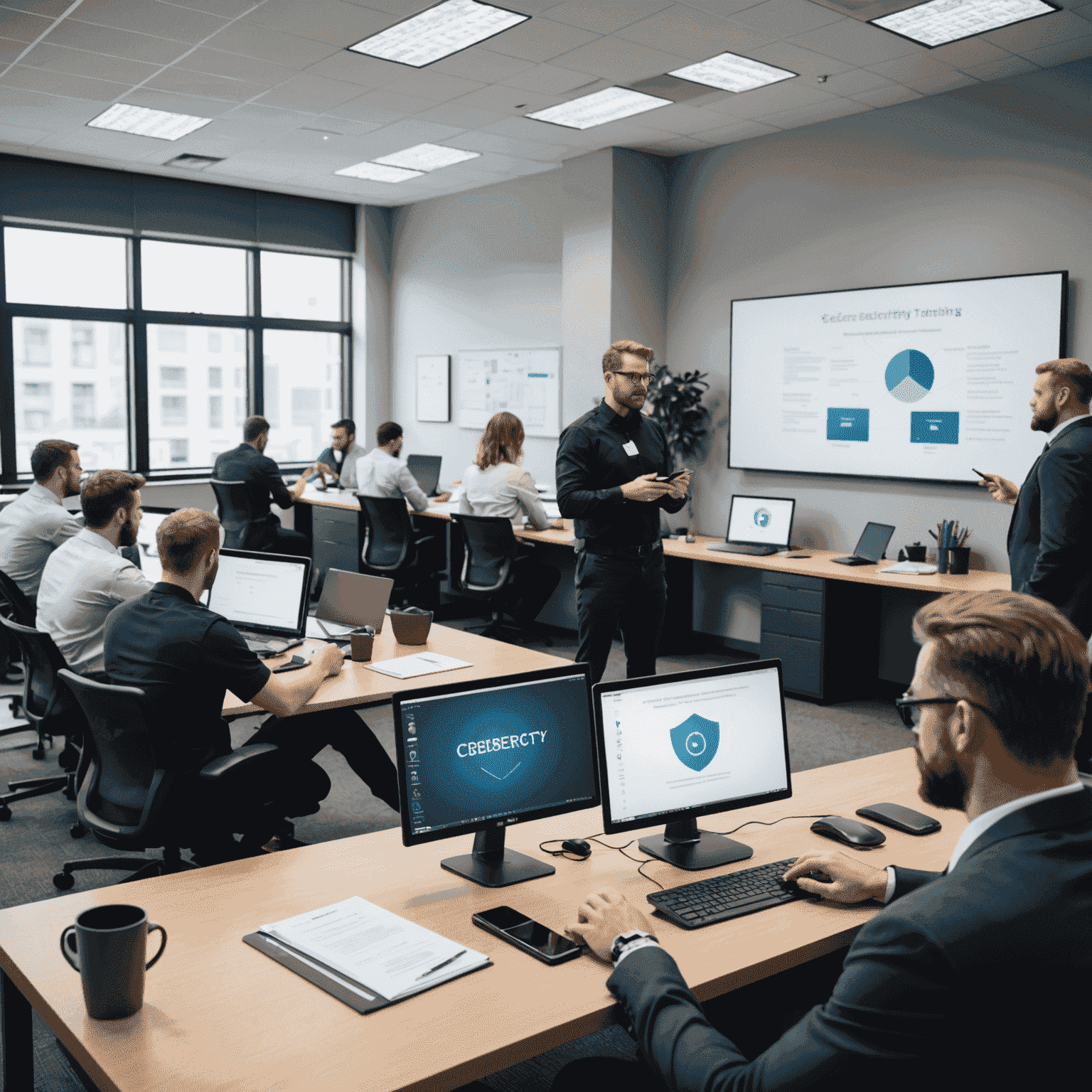 Employees attending a security awareness training session, learning about best practices for cybersecurity in a modern office setting