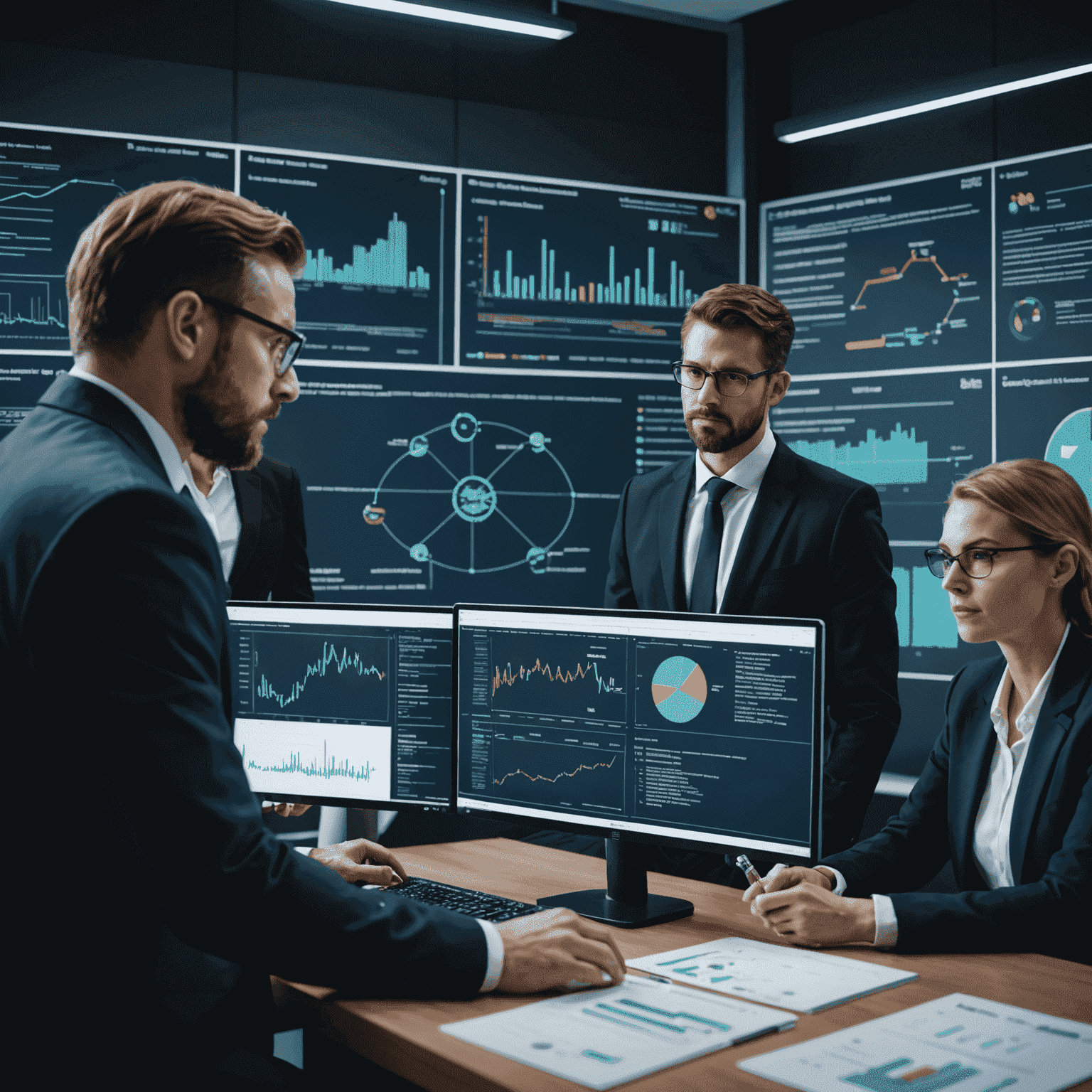 A team of cybersecurity professionals discussing compliance and risk assessment strategies, with charts and diagrams displayed on a large screen in the background