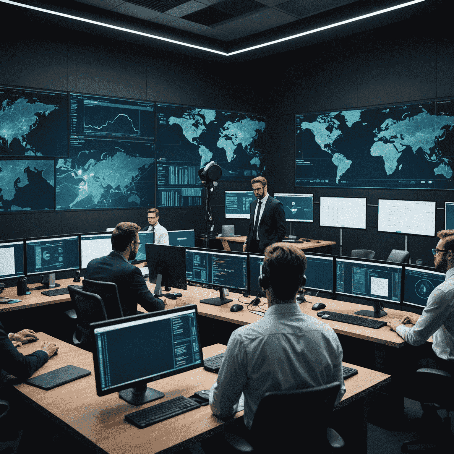 A team of cybersecurity professionals monitoring a network for threats and vulnerabilities, ensuring the security of the organization's digital assets.