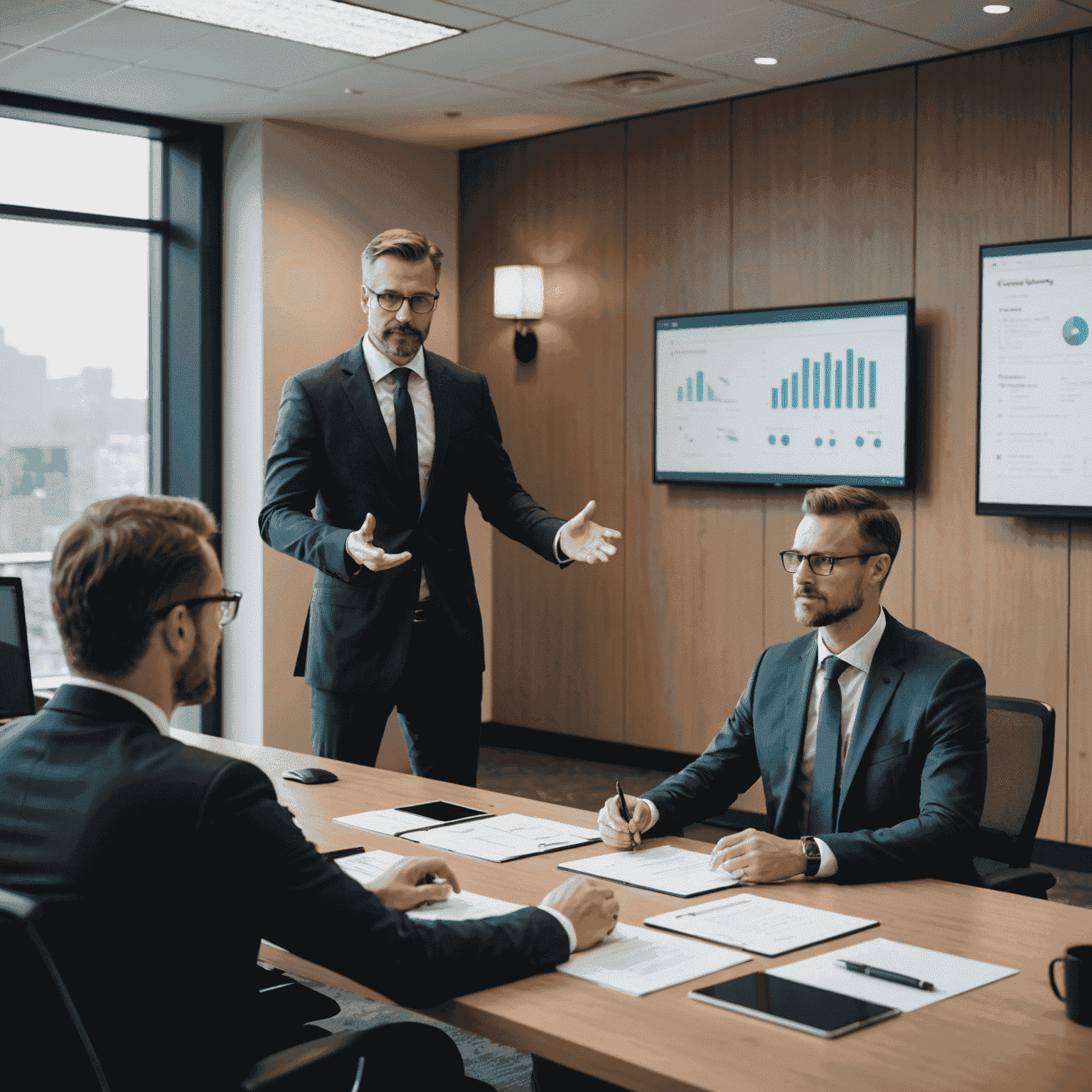 A cybersecurity consultant presenting a customized strategy to a client in a conference room