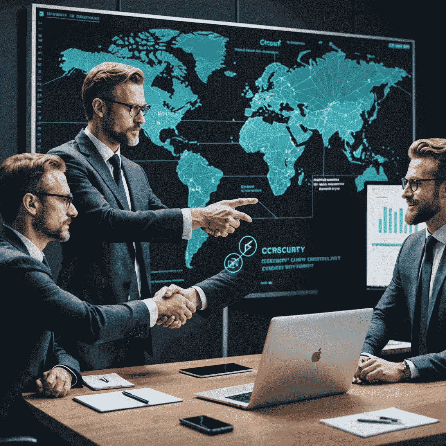 An image depicting cybersecurity consulting services, such as a team of experts analyzing data or a handshake between a consultant and client