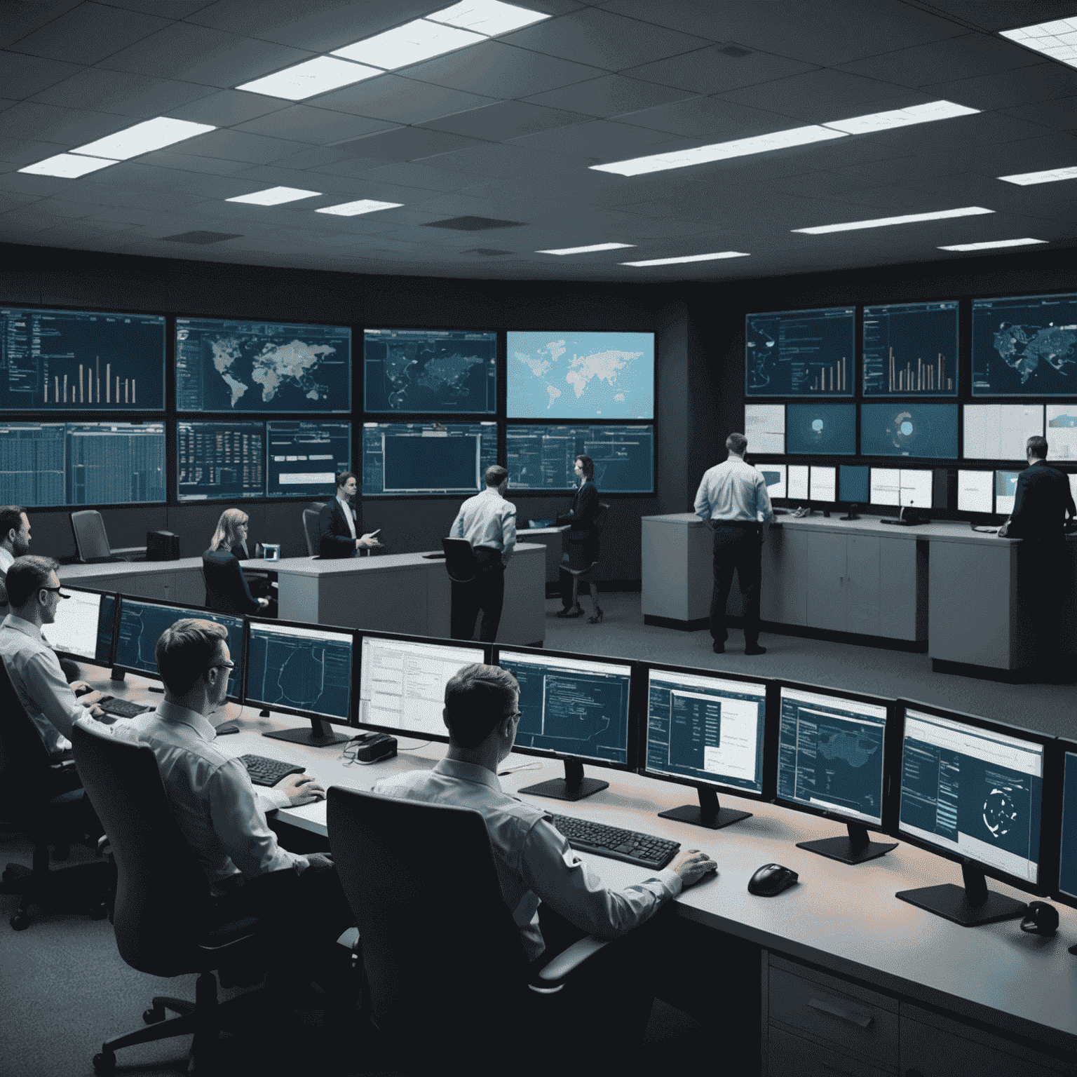 Illustration of a security operations center with analysts monitoring threats and managing security, representing the managed security services offering